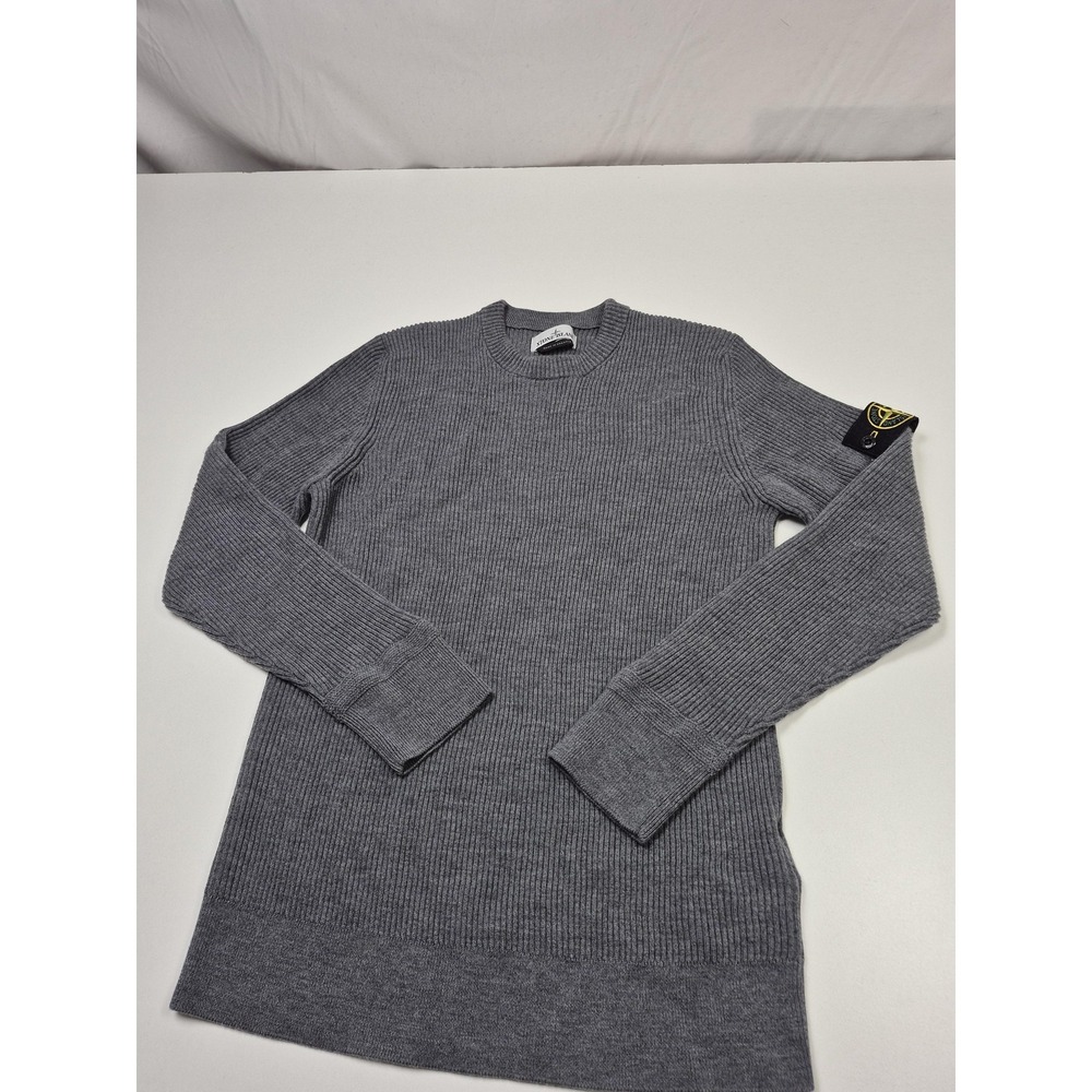 Stone Island Sweater Mens XL Gray 100% Wool Ribbed Crewneck Knit Pullover Logo